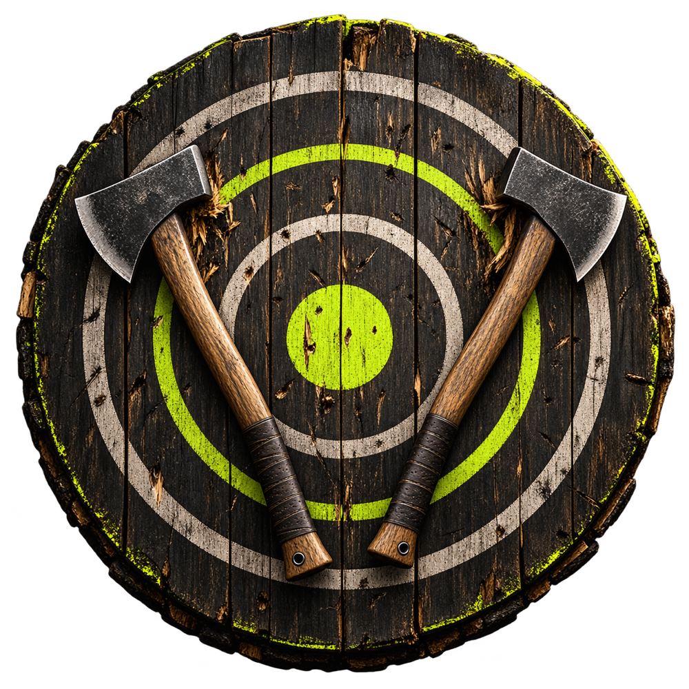 Two throwing axes embedded in a wooden Kinfolk target